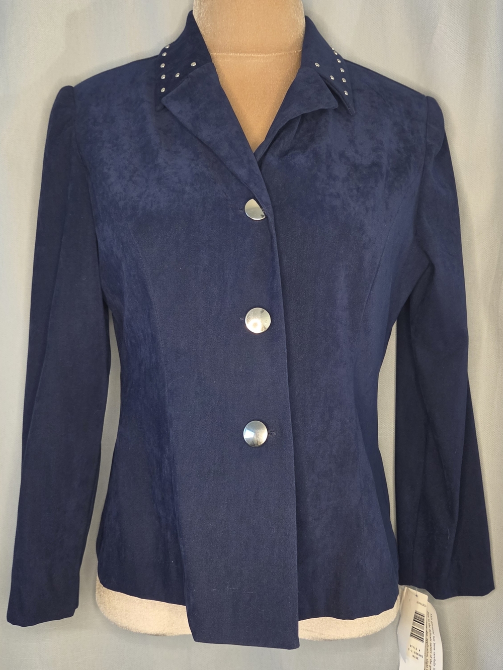 Women's Navy Button-Front Jacket with Studded Collar Size 10 P NWT